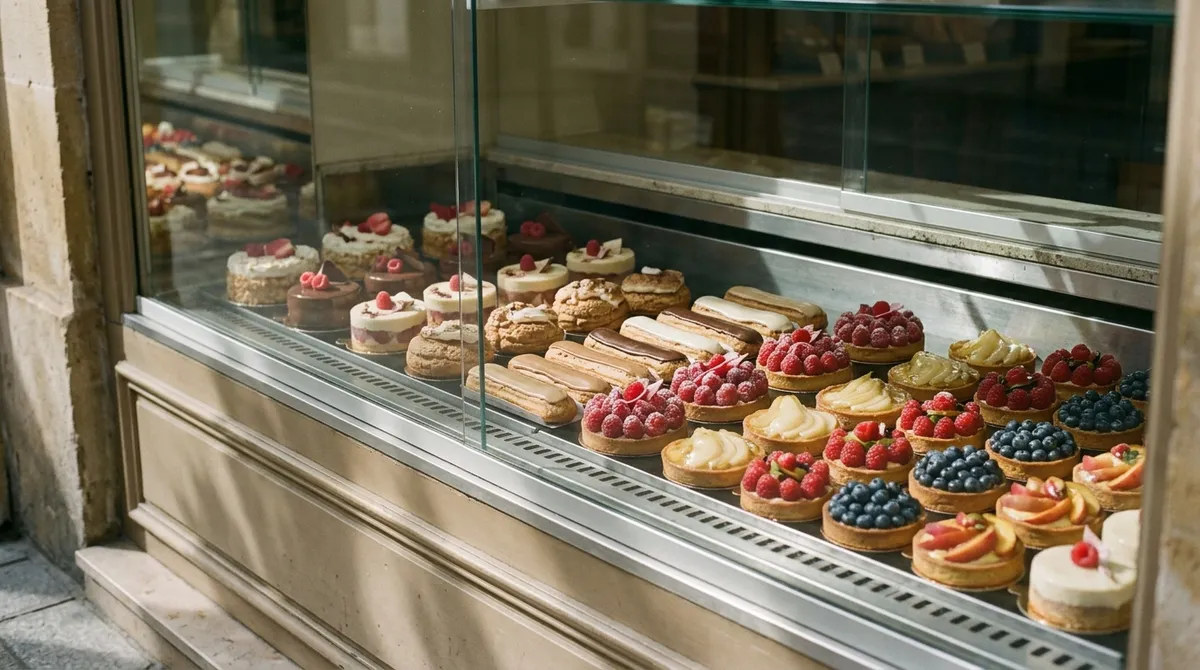 Vitrine d’entremets d’une pâtisserie